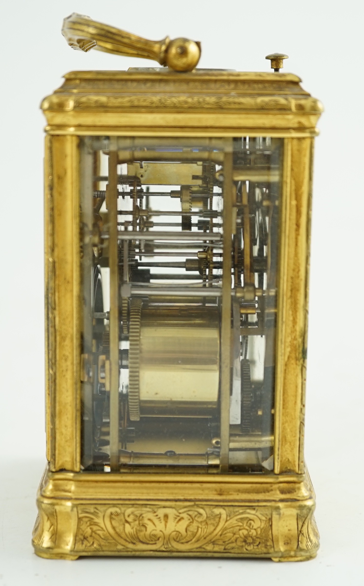 A late 19th century French engraved gilt brass gorge-cased repeating carriage clock with alarm, width 7.5cm depth 6.5cm height 11.5cm